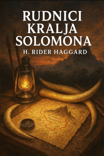 Book cover of 'Rudnici kralja Solomona' by H. Rider Haggard with a lantern, map, and horns on a dark background.