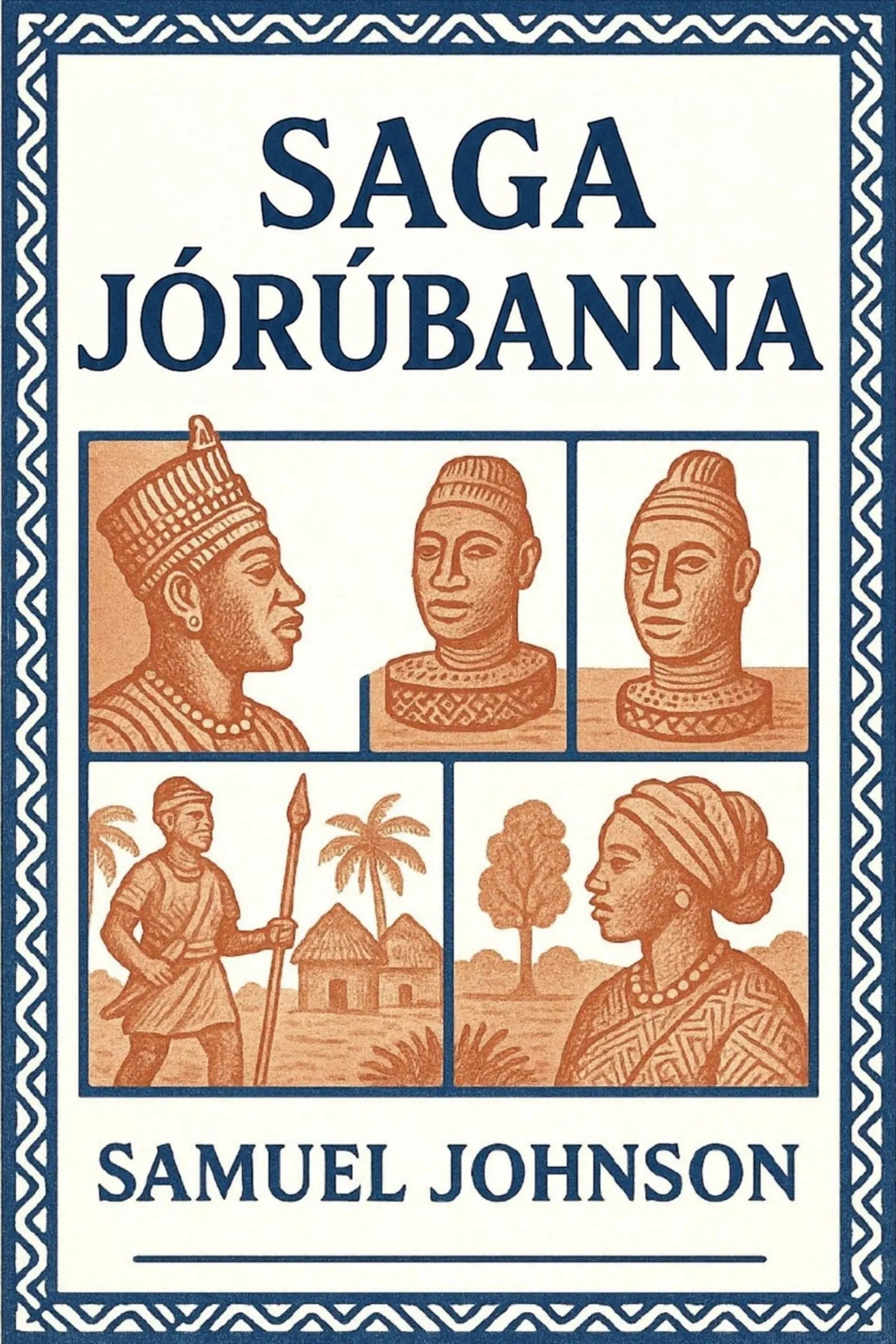 Book cover for 'Saga Jórúbanna' by Samuel Johnson, featuring an off-white background with a blue patterned border, dark blue title text, and four sepia-toned illustrated panels showing figures, faces, and a small landscape scene.
