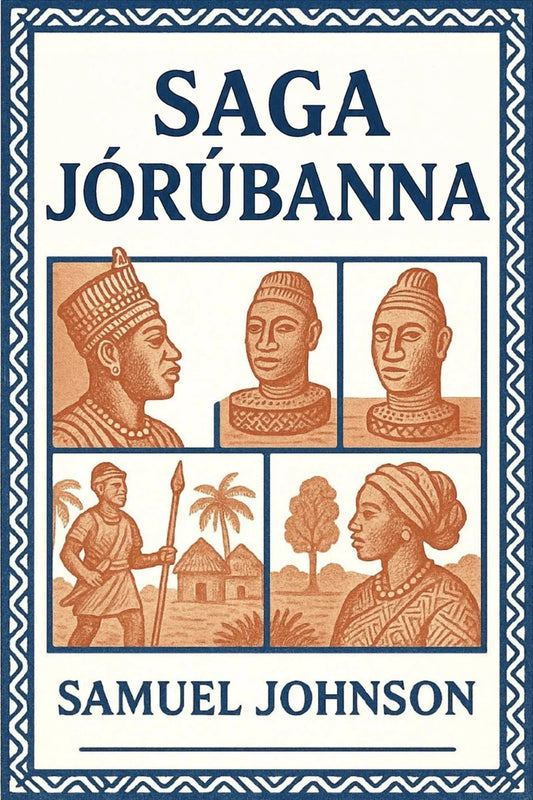 Book cover for 'Saga Jórúbanna' by Samuel Johnson, featuring an off-white background with a blue patterned border, dark blue title text, and four sepia-toned illustrated panels showing figures, faces, and a small landscape scene.
