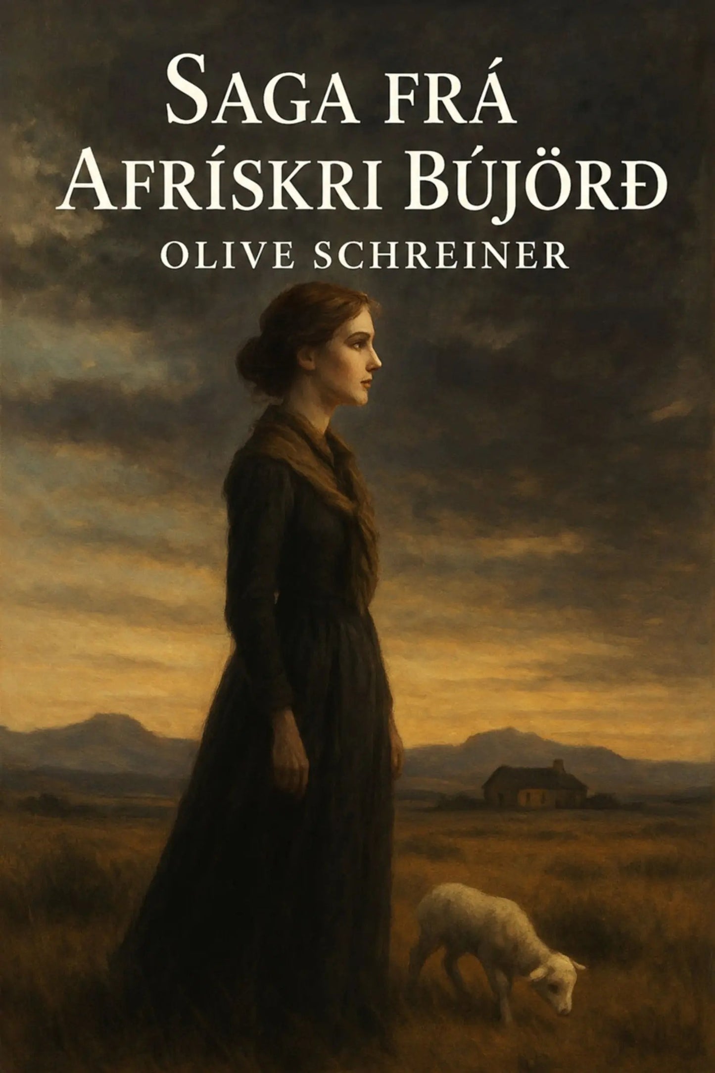 Book cover for 'Saga frá afrískri bújörð' by Olive Schreiner, featuring a painted scene of a woman in a long dark dress standing in a field beside a sheep under a dramatic cloudy sky.