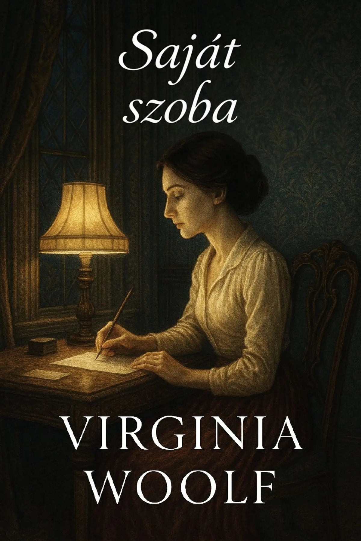 Book cover for 'Saját szoba' by Virginia Woolf, featuring an illustration of a woman writing at a desk under a lit lamp in a dark room.