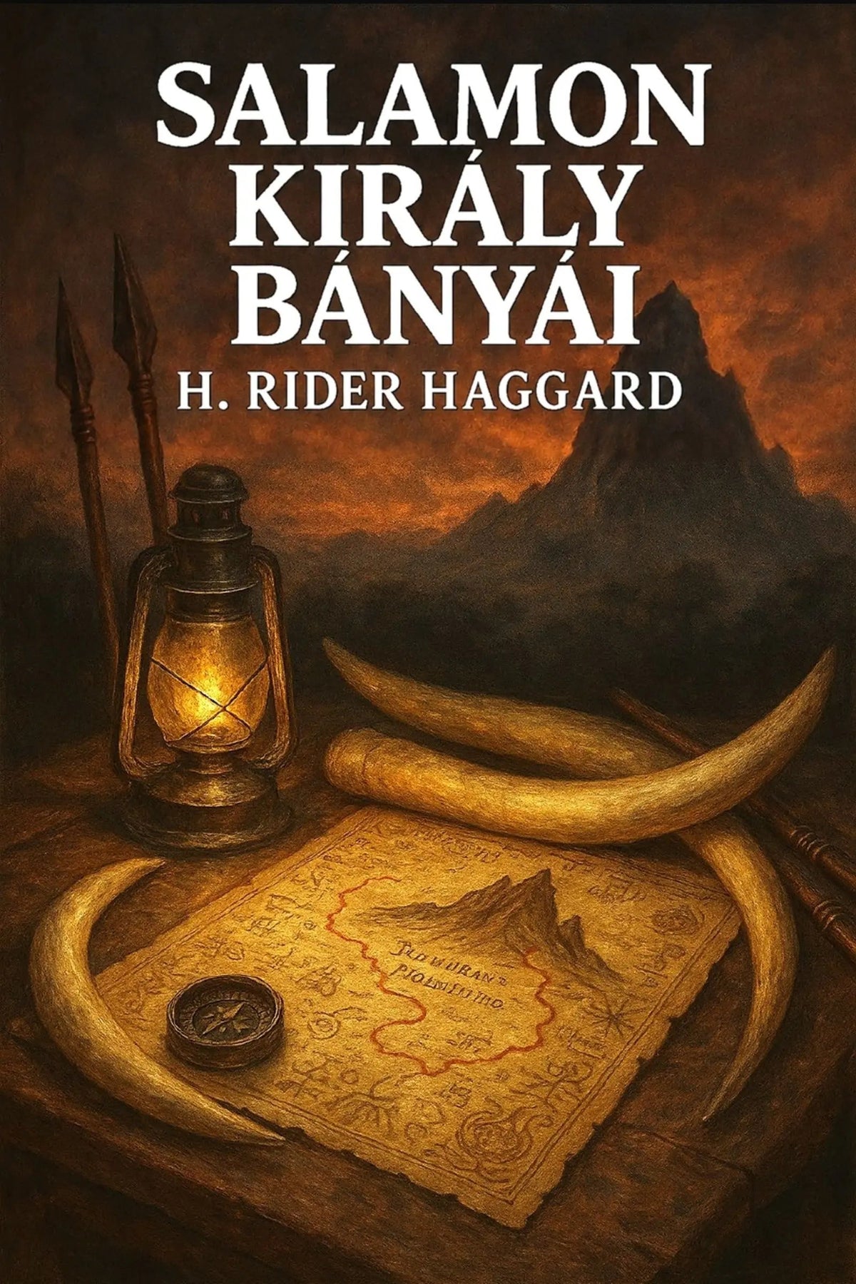 Book cover for 'Salamon király bányái' by H. Rider Haggard, featuring a dramatic illustration of a lantern, map, tusks, and compass in front of a mountainous desert landscape.