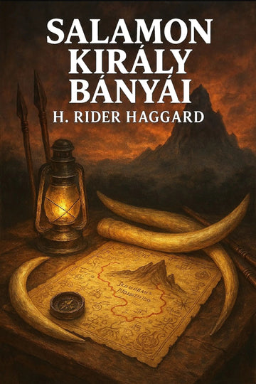 Book cover for 'Salamon király bányái' by H. Rider Haggard, featuring a dramatic illustration of a lantern, map, tusks, and compass in front of a mountainous desert landscape.