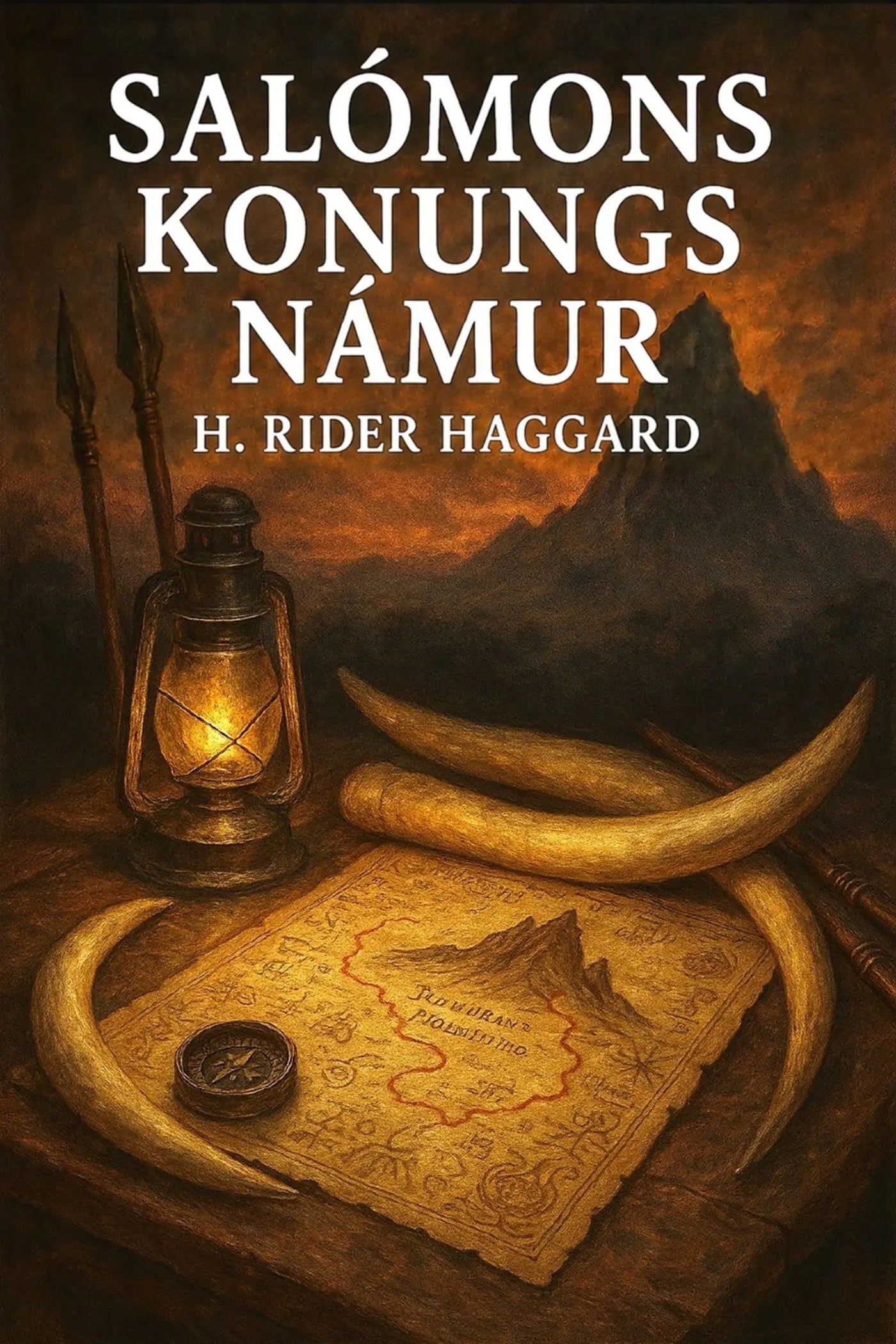Book cover for 'Salómons konungs námur' by H. Rider Haggard, featuring a dramatic fantasy scene with a lantern, map, tusks, and mountains under a fiery orange sky.