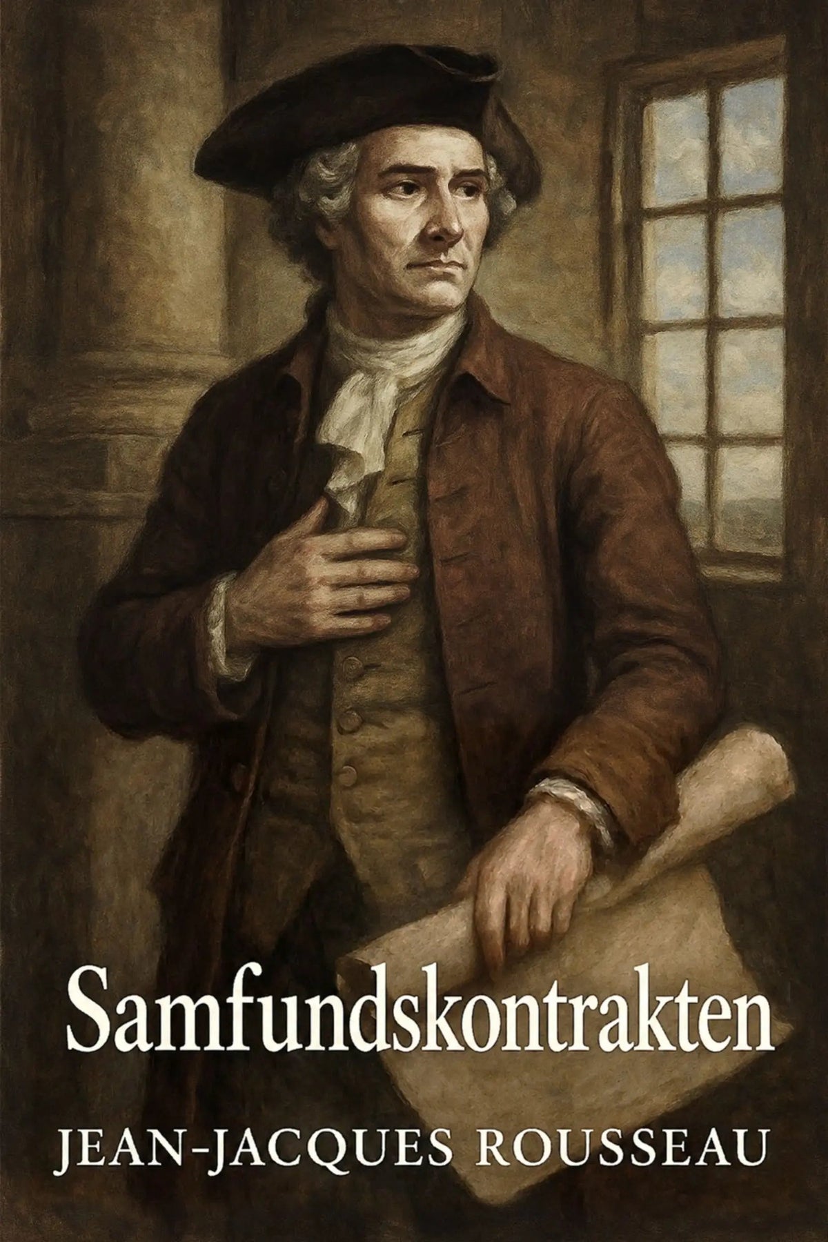 Book cover for 'Samfundskontrakten' by Jean-Jacques Rousseau, featuring a classical painting of Rousseau in historical attire against a dim interior background with a window.