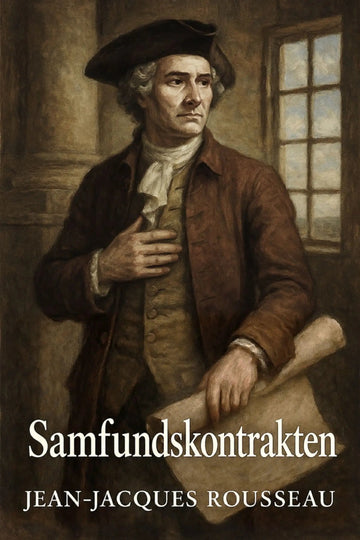 Book cover for 'Samfundskontrakten' by Jean-Jacques Rousseau, featuring a classical painting of Rousseau in historical attire against a dim interior background with a window.