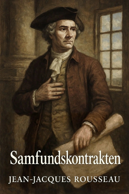 Book cover for 'Samfundskontrakten' by Jean-Jacques Rousseau, featuring a classical painting of Rousseau in historical attire against a dim interior background with a window.