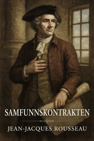 Book cover of 'Samfunnskontrakten' with a historical figure holding blueprints.