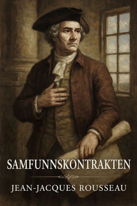 Book cover of 'Samfunnskontrakten' with a historical figure holding blueprints.