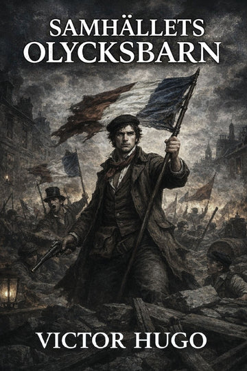 Book cover of 'Samhällets olycksbarn' by Victor Hugo with a historical scene and flags.