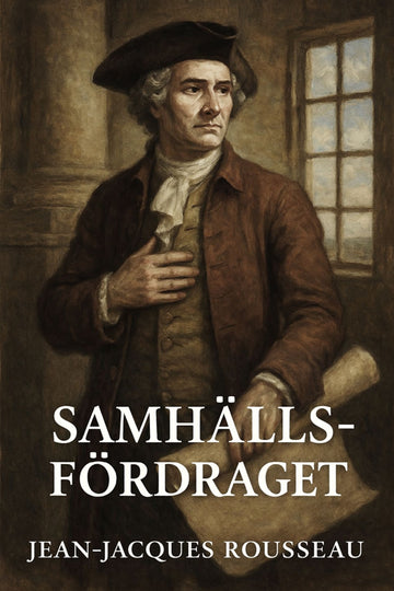 Book cover of 'Samhällsfördraget' by Jean-Jacques Rousseau with a historical illustration of a man.