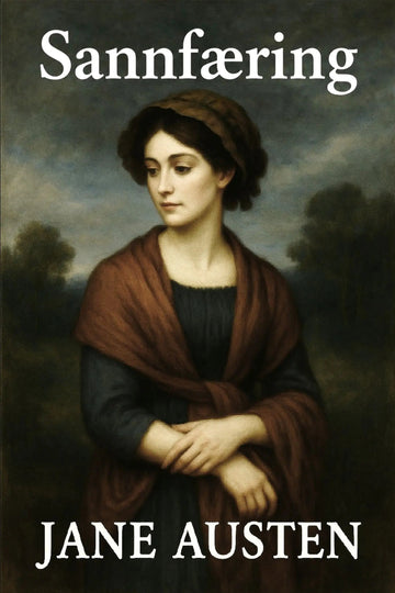 Book cover for 'Sannfæring' by Jane Austen, featuring a classical painting portrait of a woman in a brown shawl and dark dress against a moody landscape background.