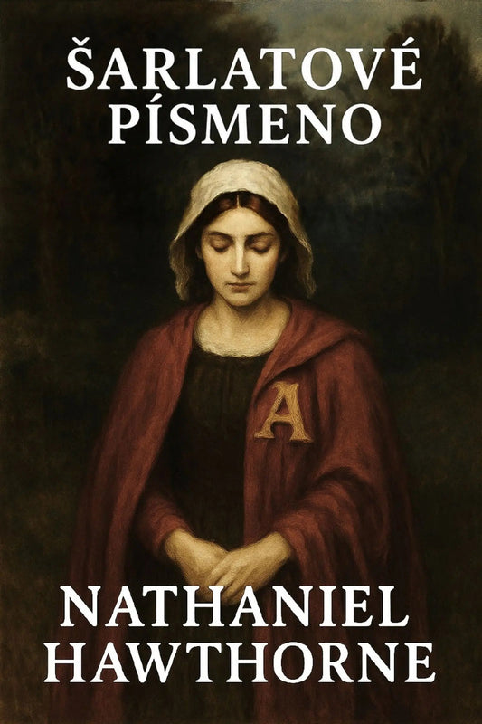 Book cover for 'Šarlatové písmeno' by Nathaniel Hawthorne, featuring a dark classical painting of a woman in a red cloak with a gold letter A on her chest, set against a dark background.