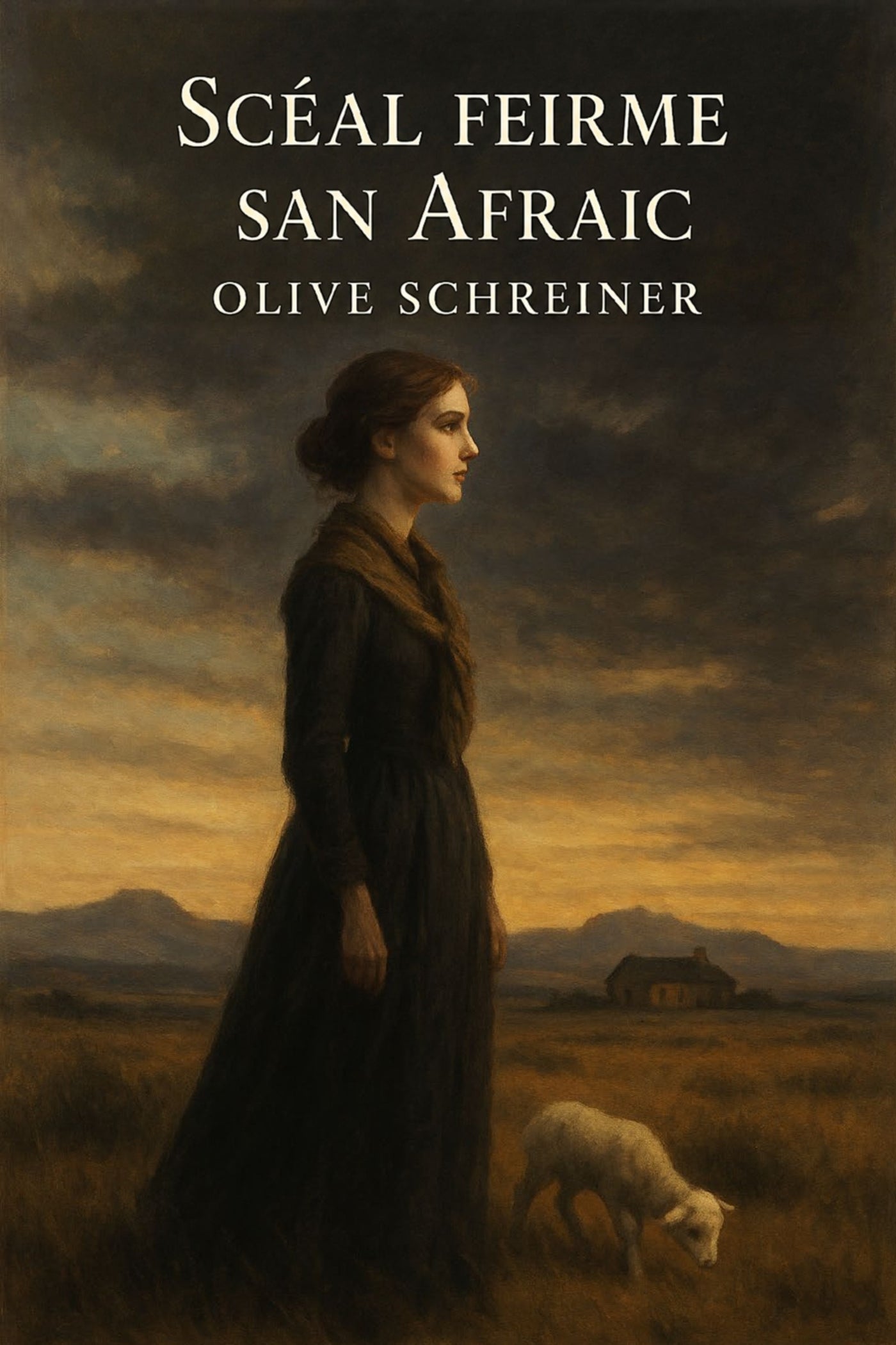 Book cover of 'Scéal feirme san Afraic' by Olive Schreiner with a woman and lamb in a landscape.