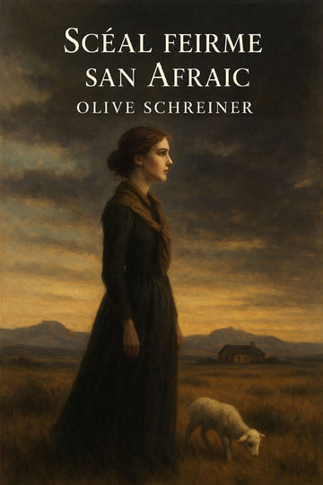 Book cover of 'Scéal feirme san Afraic' by Olive Schreiner with a woman and lamb in a landscape.
