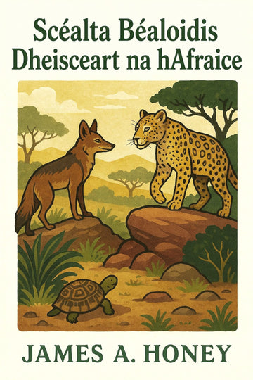 Book cover of 'Scéalta Béaloidis Dheisceart na hAfraice' with illustration of a fox and leopard in an African savanna