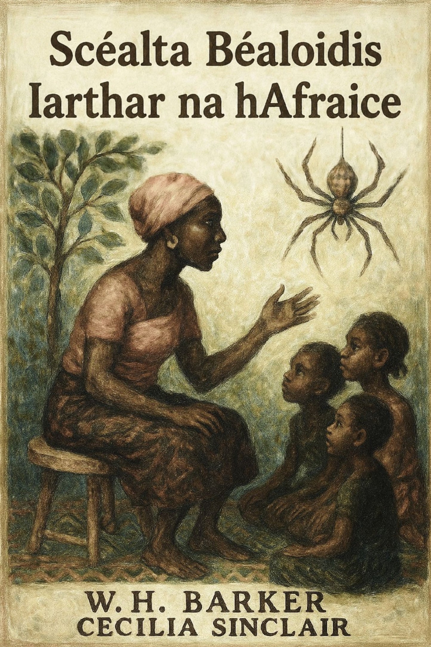 Book cover of 'Scéalta Béaloidis Iarthar na hAfraice' with illustration of a woman and children, featuring a spider