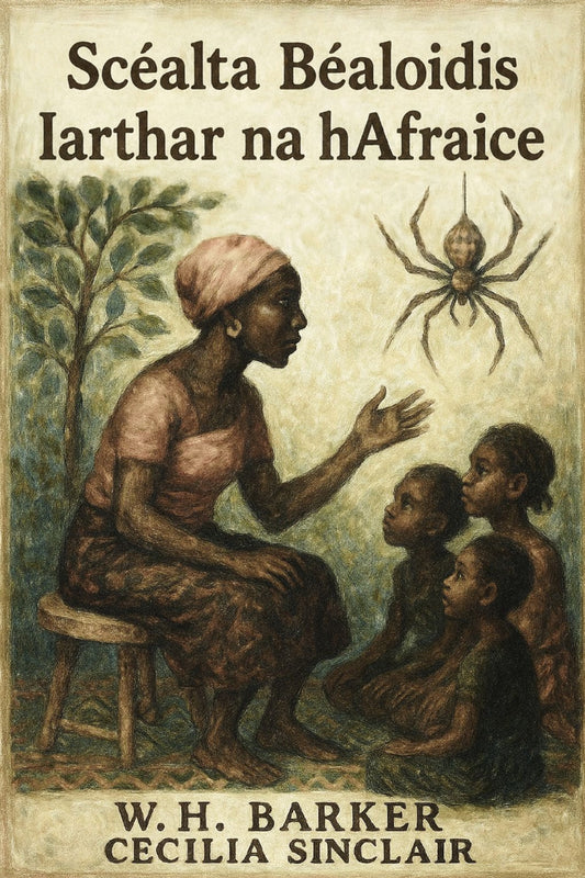 Book cover of 'Scéalta Béaloidis Iarthar na hAfraice' with illustration of a woman and children, featuring a spider