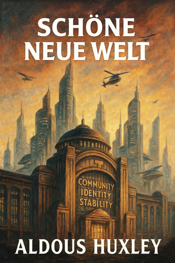 Book cover of 'Schöne neue Welt' by Aldous Huxley with futuristic cityscape and text.