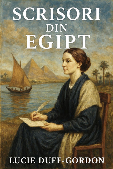Book cover of 'Scrisori din Egipt' by Lucie Duff-Gordon with a painting of a woman writing by a river.