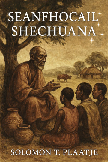 Book cover of 'Seanfhocail Shechuana' by Solomon T. Plaatje with an illustration of an elder and children in a rural setting.