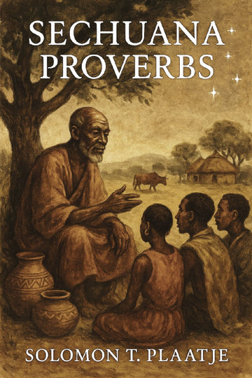 Book cover of 'Sechuana Proverbs' by Solomon T. Plaatje with an illustration of a man teaching children outdoors.