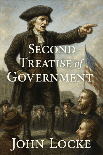 Book cover of 'Second Treatise of Government' by John Locke with a historical scene and text overlay.