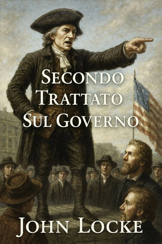 Book cover for 'Secondo trattato sul governo' by John Locke, featuring a historical painting of John Locke pointing to a crowd with an American flag in the background.