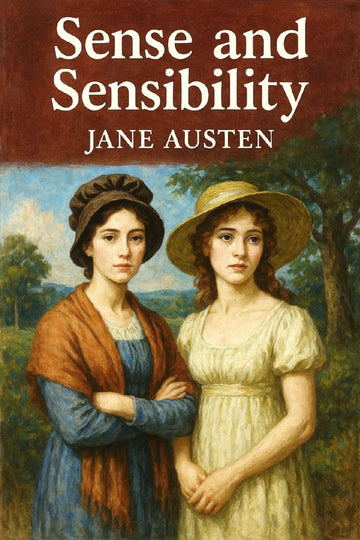 Book cover of 'Sense and Sensibility' by Jane Austen featuring two women in hats against a landscape.