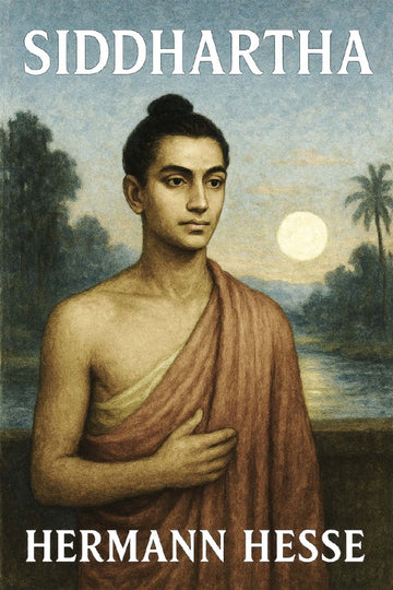 Book cover of 'Siddhartha' by Hermann Hesse featuring a person in a robe with a serene landscape.