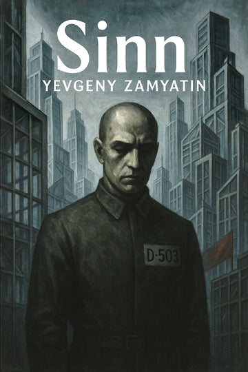 Book cover of 'Sinn' by Yevgeny Zamyatin featuring a man in a prison uniform against a cityscape.