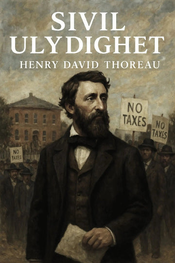 Book cover of 'Sivil ulydighet' by Henry David Thoreau with a man holding a document and 'No Taxes' signs in the background.