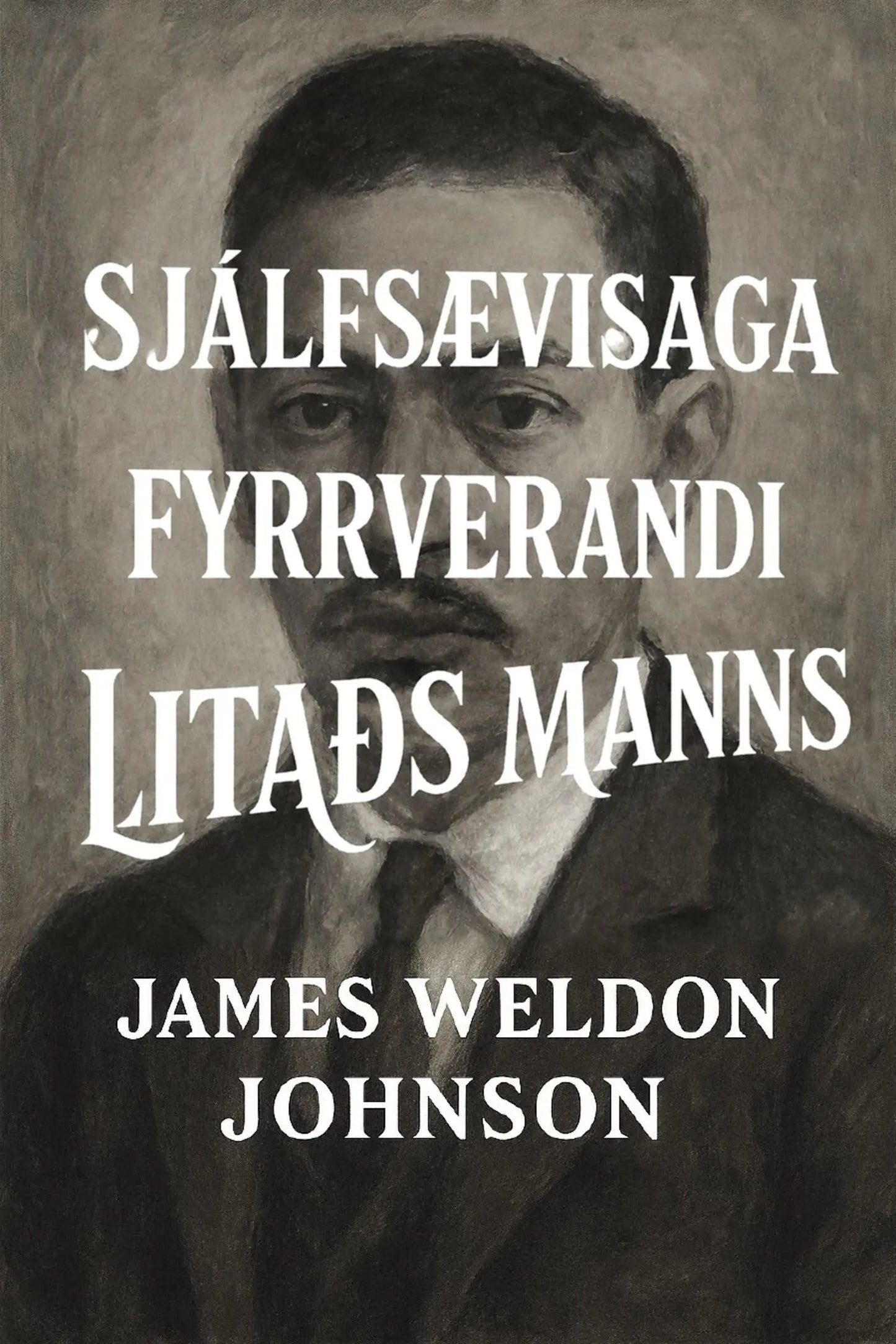 Book cover for 'Sjálfsævisaga fyrrverandi litaðs manns' by James Weldon Johnson, featuring a sepia-toned portrait of the author with large white title text.