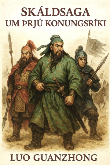 Book cover for 'Skáldsaga um þrjú konungsríki' by Luo Guanzhong, featuring an illustrated scene of three Chinese-style warriors with spears on a parchment-like beige background.