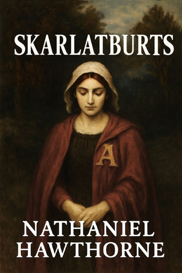 Book cover for 'Skarlatburts' by Nathaniel Hawthorne, featuring a classical painting of a woman in a red cloak with a gold letter 'A' on the chest, set against a dark background with white title and author text.