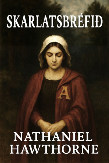Book cover of 'Skarlatsbréfið' by Nathaniel Hawthorne with a woman in a red cloak and hood.