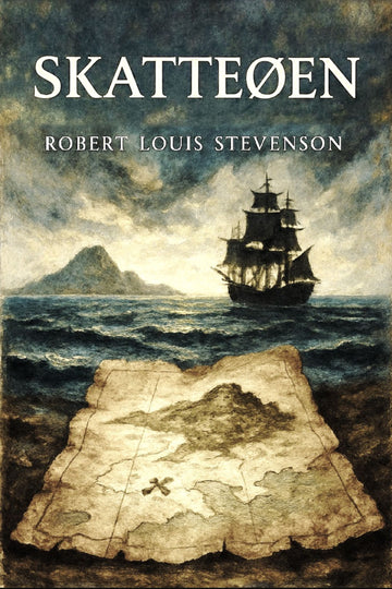 Book cover of 'Skatteøen' by Robert Louis Stevenson with a ship and map illustration.