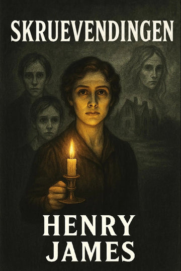 Book cover for 'Skruevendingen' by Henry James, featuring a dark, moody illustration of a woman holding a lit candle, with three blurred ghostly faces in the background and the title and author name in large white text.