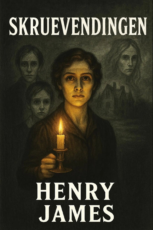 Book cover for 'Skruevendingen' by Henry James, featuring a dark, moody illustration of a woman holding a lit candle, with three blurred ghostly faces in the background and the title and author name in large white text.