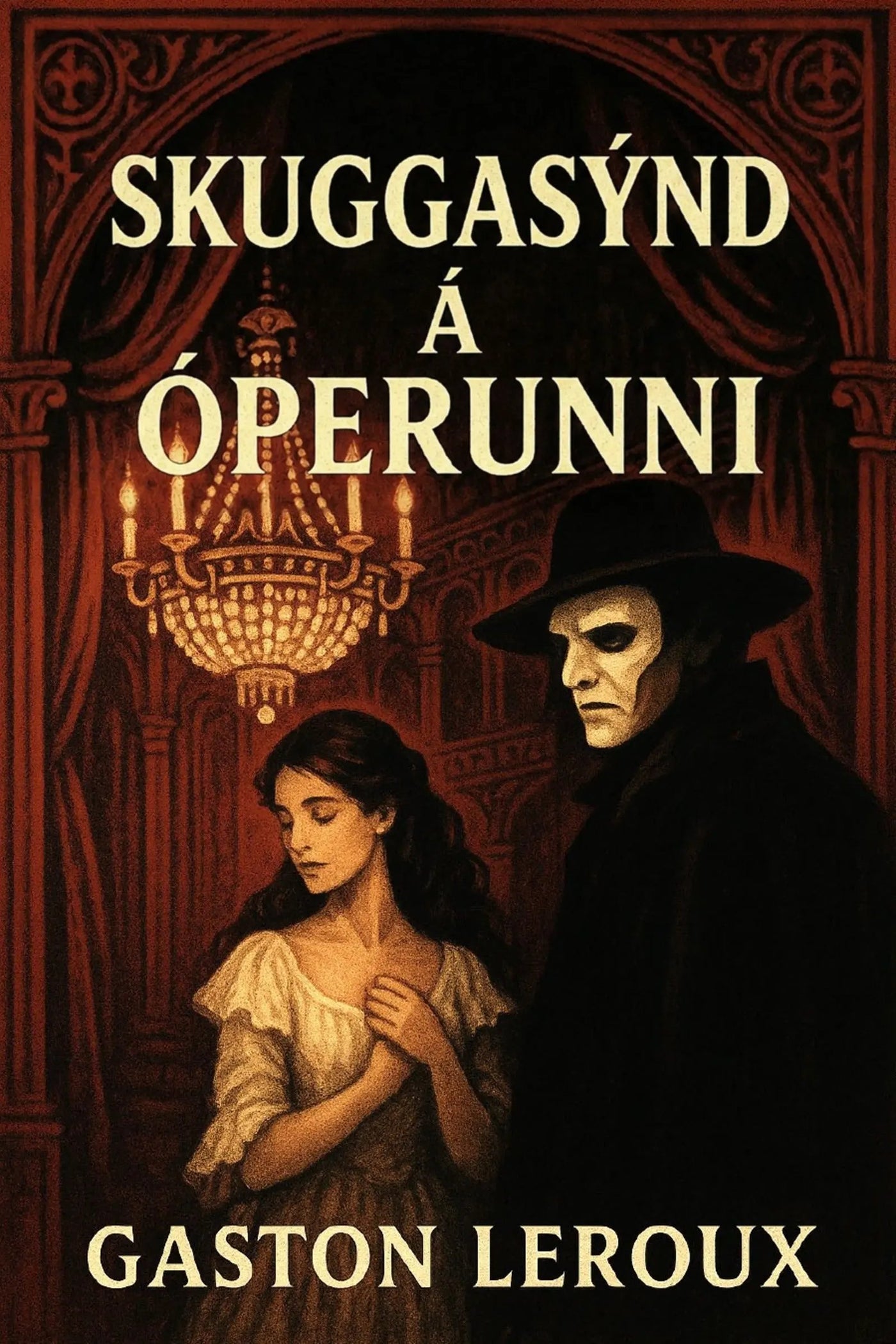 Book cover for 'Skuggasýnd á Óperunni' by Gaston Leroux, featuring a dark, gothic illustration of a woman in a white dress and a masked figure in black, set against an ornate red-brown interior with a chandelier.