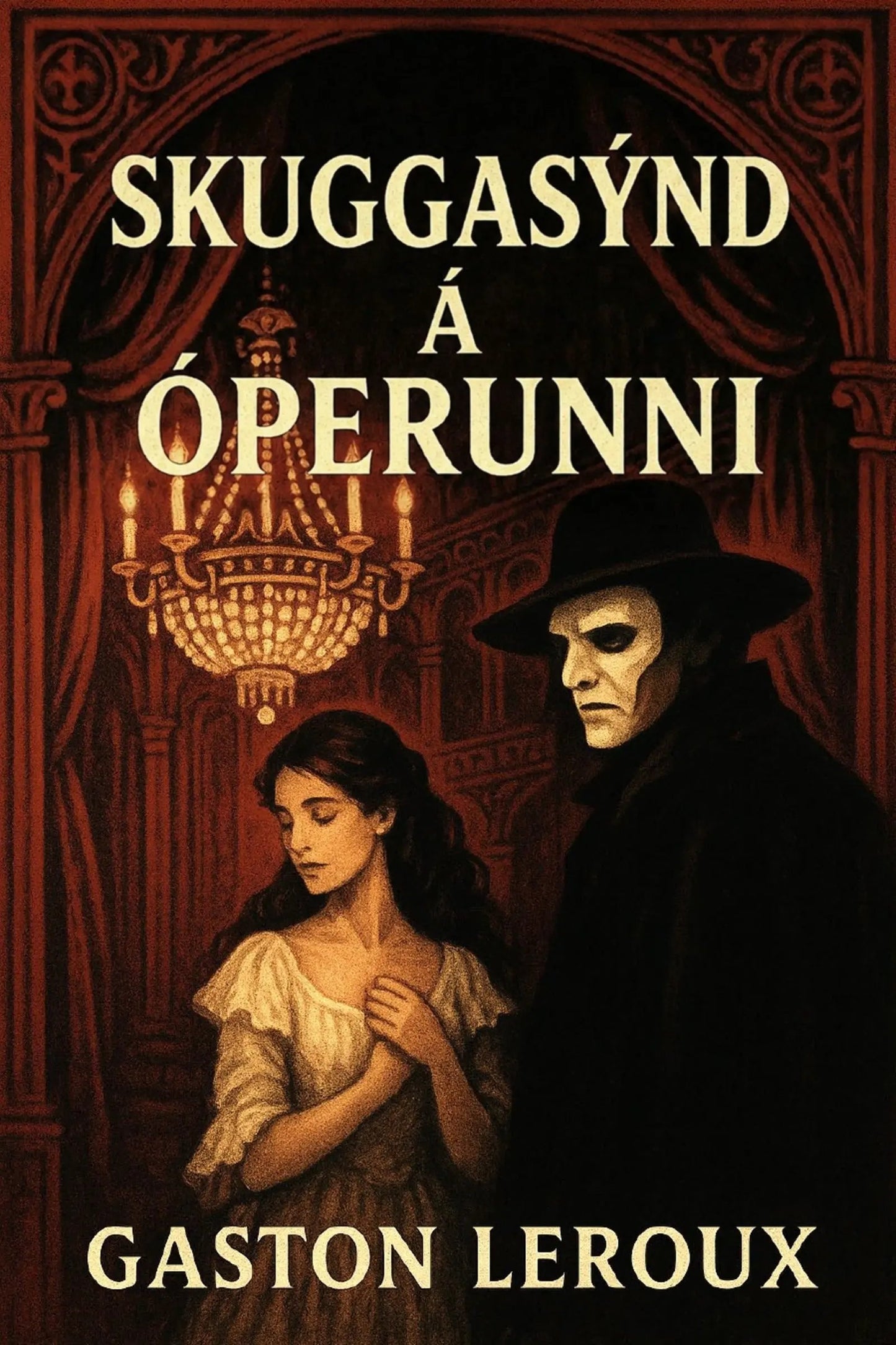 Book cover for 'Skuggasýnd á Óperunni' by Gaston Leroux, featuring a dark, gothic illustration of a woman in a white dress and a masked figure in black, set against an ornate red-brown interior with a chandelier.