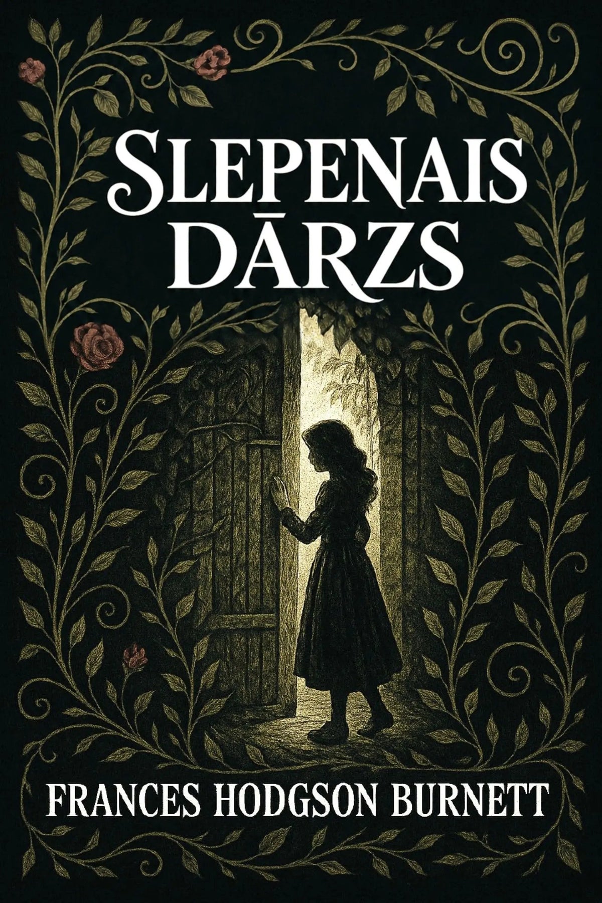 Book cover for 'Slepenais dārzs' by Frances Hodgson Burnett, featuring a dark, ornate illustration of a girl standing in a doorway framed by leafy vines and roses on a black background.