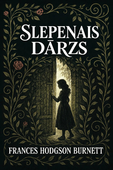 Book cover for 'Slepenais dārzs' by Frances Hodgson Burnett, featuring a dark, ornate illustration of a girl standing in a doorway framed by leafy vines and roses on a black background.