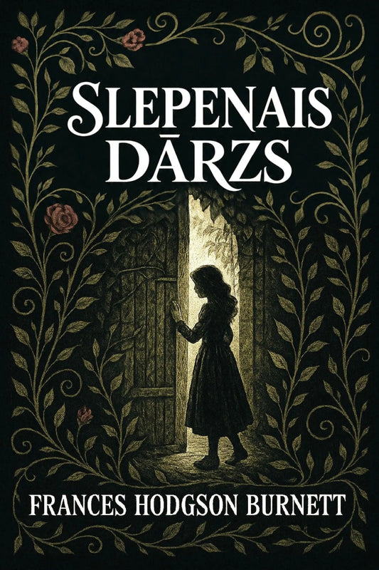 Book cover for 'Slepenais dārzs' by Frances Hodgson Burnett, featuring a dark, ornate illustration of a girl standing in a doorway framed by leafy vines and roses on a black background.