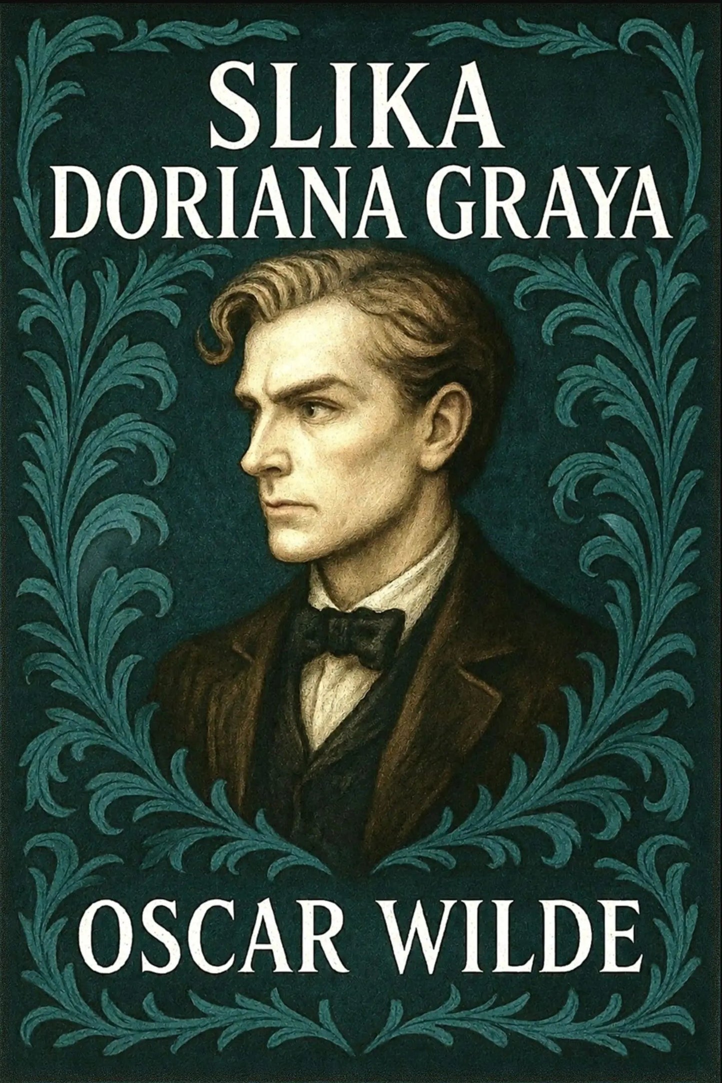 Book cover for 'Slika Doriana Graya' by Oscar Wilde, featuring a portrait of Dorian Gray in profile against a dark teal background with ornate teal foliage and white title text.