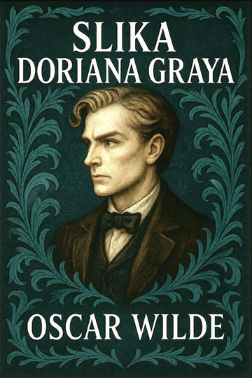 Book cover for 'Slika Doriana Graya' by Oscar Wilde, featuring a portrait of Dorian Gray in profile against a dark teal background with ornate teal foliage and white title text.