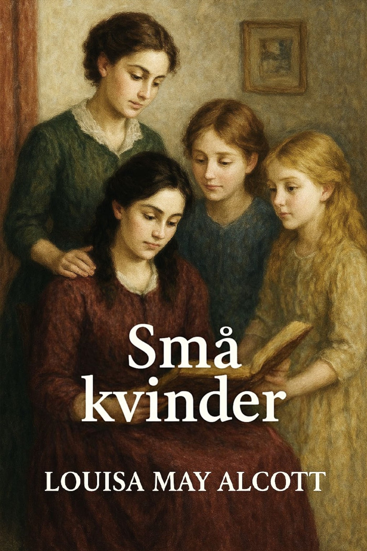 Book cover of 'Små kvinder' by Louisa May Alcott featuring four women in a warm setting.