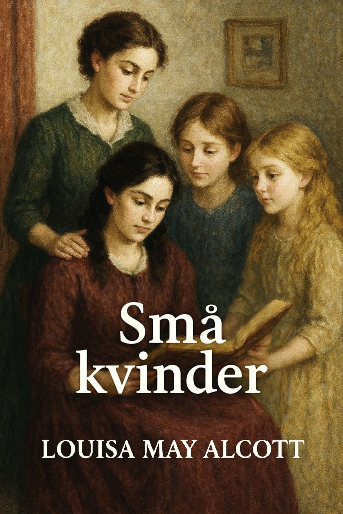 Book cover of 'Små kvinder' by Louisa May Alcott featuring four women in a warm setting.