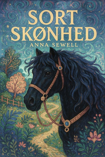 Book cover for 'Sort skønhed' by Anna Sewell, featuring a detailed illustration of a dark horse with a golden bridle against a whimsical, swirling blue sky and green landscape.