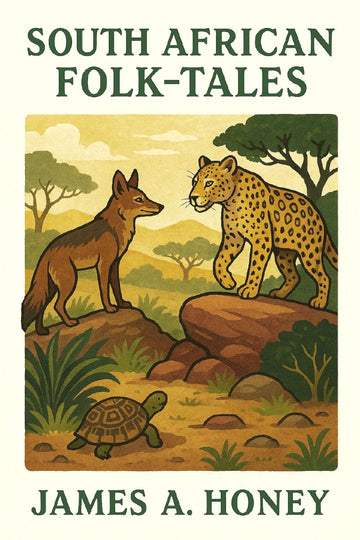 Book cover of 'South African Folk-Tales' by James A. Honey featuring a fox, leopard, and turtle in an African landscape.